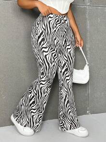 Flirla Pantalones casuales de talla grande con estampado de cebra y corte acampanado para mujer - Marrón - Ver 8