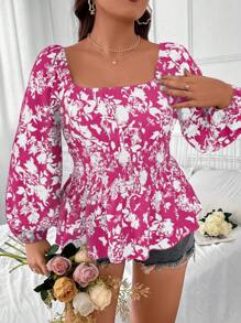 Celure Chemise décontractée à manches longues imprimée de fleurs et de grande taille avec encolure carrée pour l'été