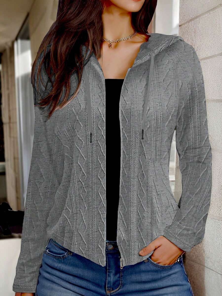 EMERY ROSE Chaqueta casual regular de unicolor para mujer con capucha con cordón y cierre de cremallera con mangas largas - Gris Claro - Ver 1