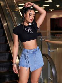 SHEIN EZwear Solid Color Knotted Belt With Pockets Zipper Denim Shorts, Summer - Blue - View 3