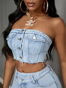 Slaydiva 夏季時尚前開鈕扣修身短身丹寧上衣 - 淺色水洗藍 - 查看 4