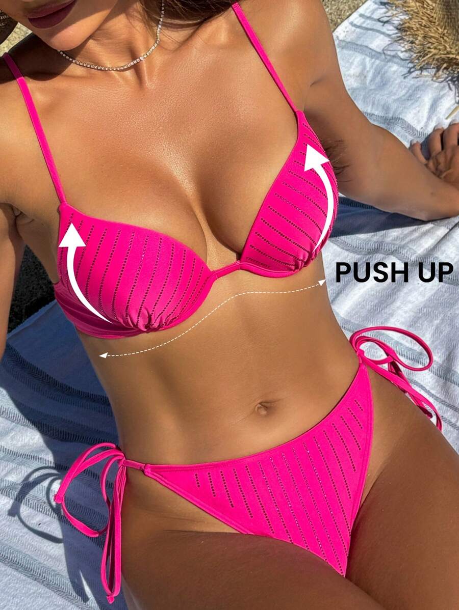 SHEIN Swim Women Bikini Set Two-Piece Bikini Set With PUSH UP And Underwire In Textured Fabric Summer Beach - Pink - View 1