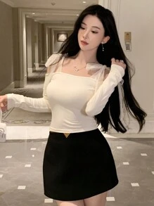 Dazy Designer 女士露肩长袖T恤，新年夜，露肩上衣，秋季女装外出上衣 - 白色 - 查看 6