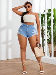 SHEIN SXY Modieuze stretchy denim shorts in grote maten