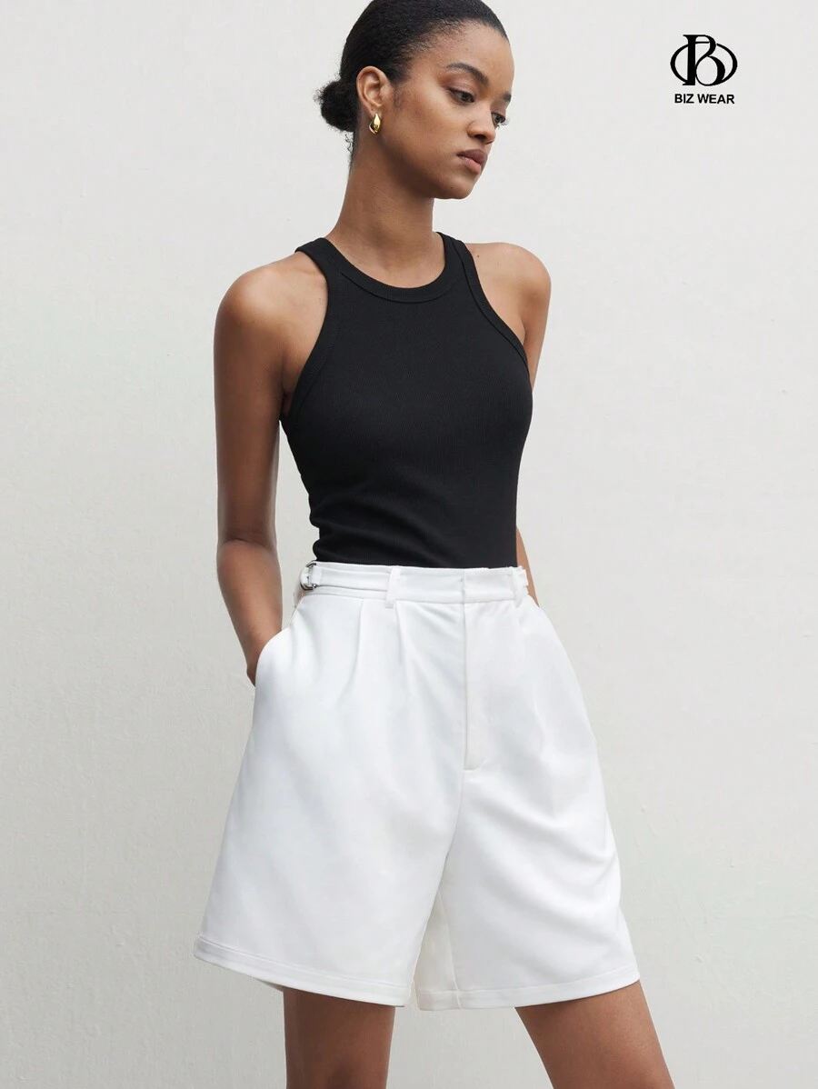 BizChic Women Solid Color Pleated Loose Shorts For Spring/Summer - White - View 1