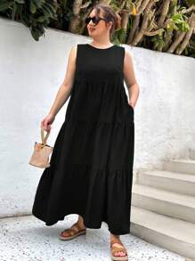 SHEIN Essnce 大尺碼女士夏季休閒假日復活節寬鬆口袋長裙，女士夏季服裝，女士沙灘裙，綠色連衣裙，長款春裙，春季悠閒休閒裙，口袋裝飾裙，長款沙灘連衣裳 - 黑色 - 查看 1