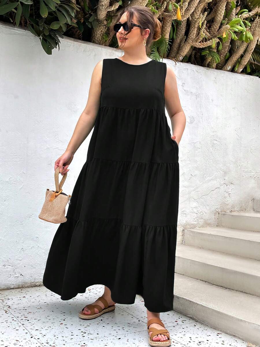 SHEIN Essnce 大尺碼女士夏季休閒假日復活節寬鬆口袋長裙，女士夏季服裝，女士沙灘裙，綠色連衣裙，長款春裙，春季悠閒休閒裙，口袋裝飾裙，長款沙灘連衣裳 - 黑色 - 查看 1