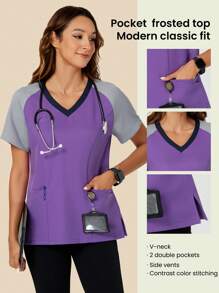 TaskEZ Women's Nurse Uniform Frosted Summer Contrast Color Raglan Uniform Scrub Top 2 Pockets - Multicolor - View 1