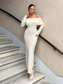 EURMUSE Off-Shoulder Collar Knitted Sweater Dress - Apricot - View 4