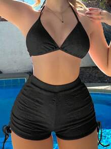 Swim Mod Summer Beach Halter Triangle Bikini Set - Black - View 1