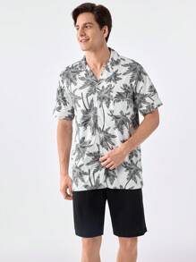 Men's Tropical Print Short Sleeve Shirt And Solid Color Shorts Homewear Set - Black and White - View 1