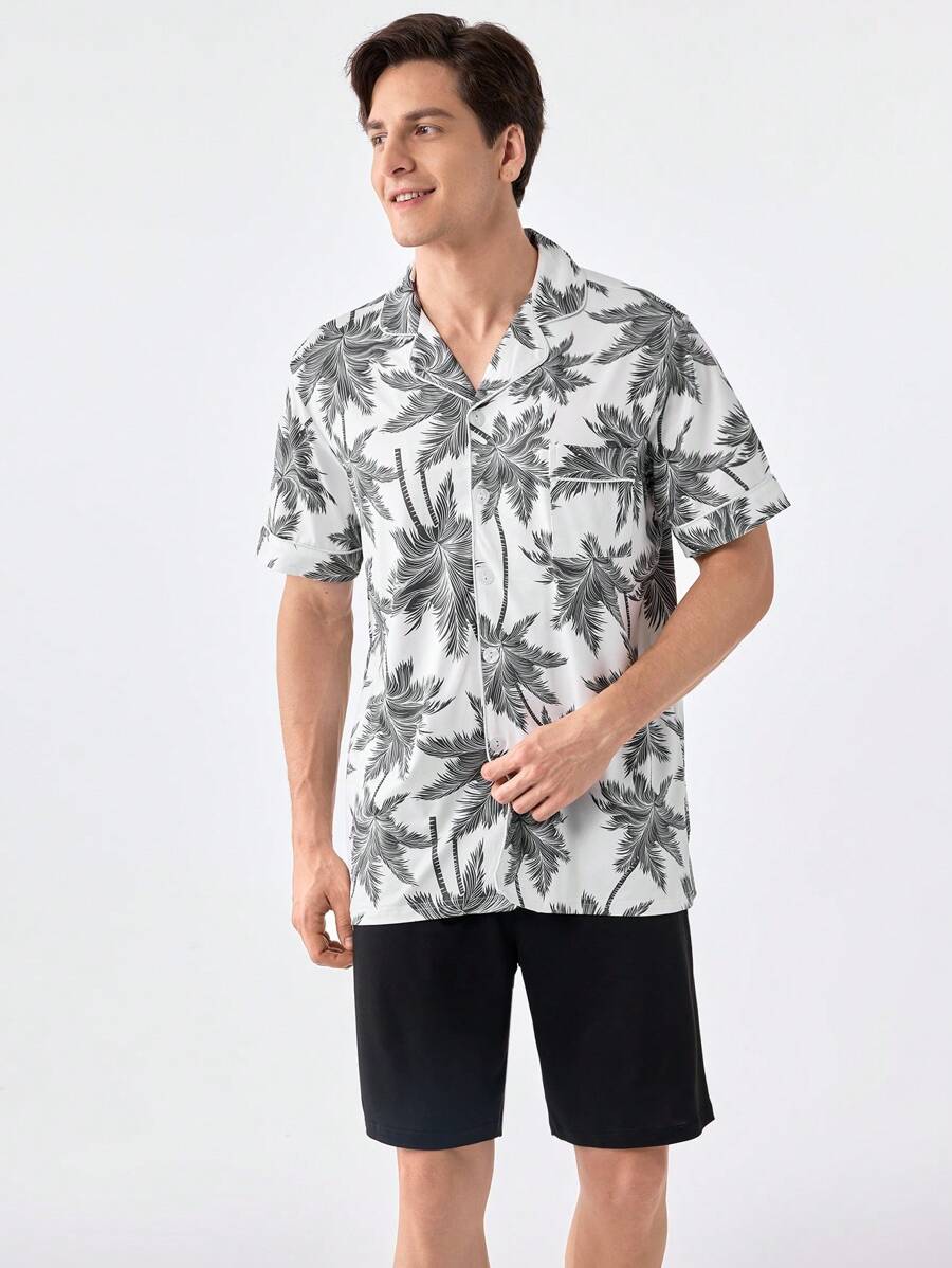 Men's Tropical Print Short Sleeve Shirt And Solid Color Shorts Homewear Set - Black and White - View 1