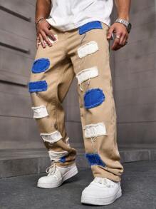 Manfinity LEGND Men's Fashion Color Block Straight Leg Jeans With Patches - Apricot - View 5