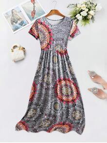 SHEIN LUNE 女士夏季花卉印花圓領短袖長款休閒連衣裙 - 彩色 - 查看 4