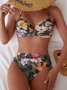 SHEIN Swim Conjunto de Biquíni Estampado Floral Cruzado Feminino para Praia Verão