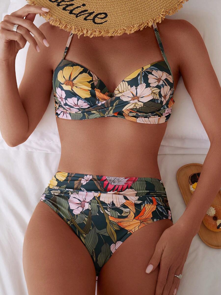 SHEIN Swim Conjunto de Biquíni Estampado Floral Cruzado Feminino para Praia Verão