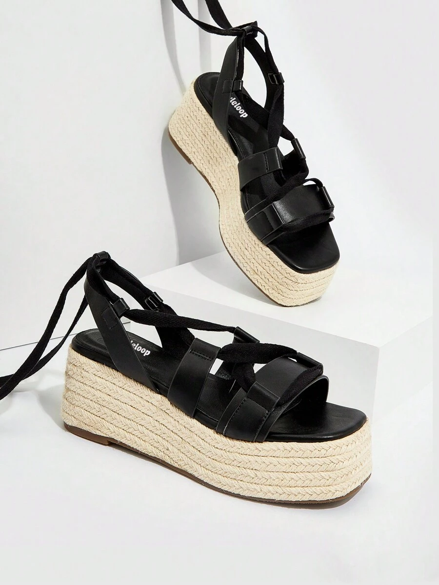 Styleloop Giày Nữ Dây Buộc Chân Thiết Kế Quai Quai, Kỳ Nghỉ Màu Đen Nêm Xăng Đan Cho Kỳ Nghỉ Hè Giày Giảm Giá Mùa Hè Boho Feels - màu đen - Xem 1