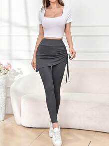 Aidyla Women's Drawstring Ruched Solid Color 2 In 1 Leggings Fall Cloth For Women