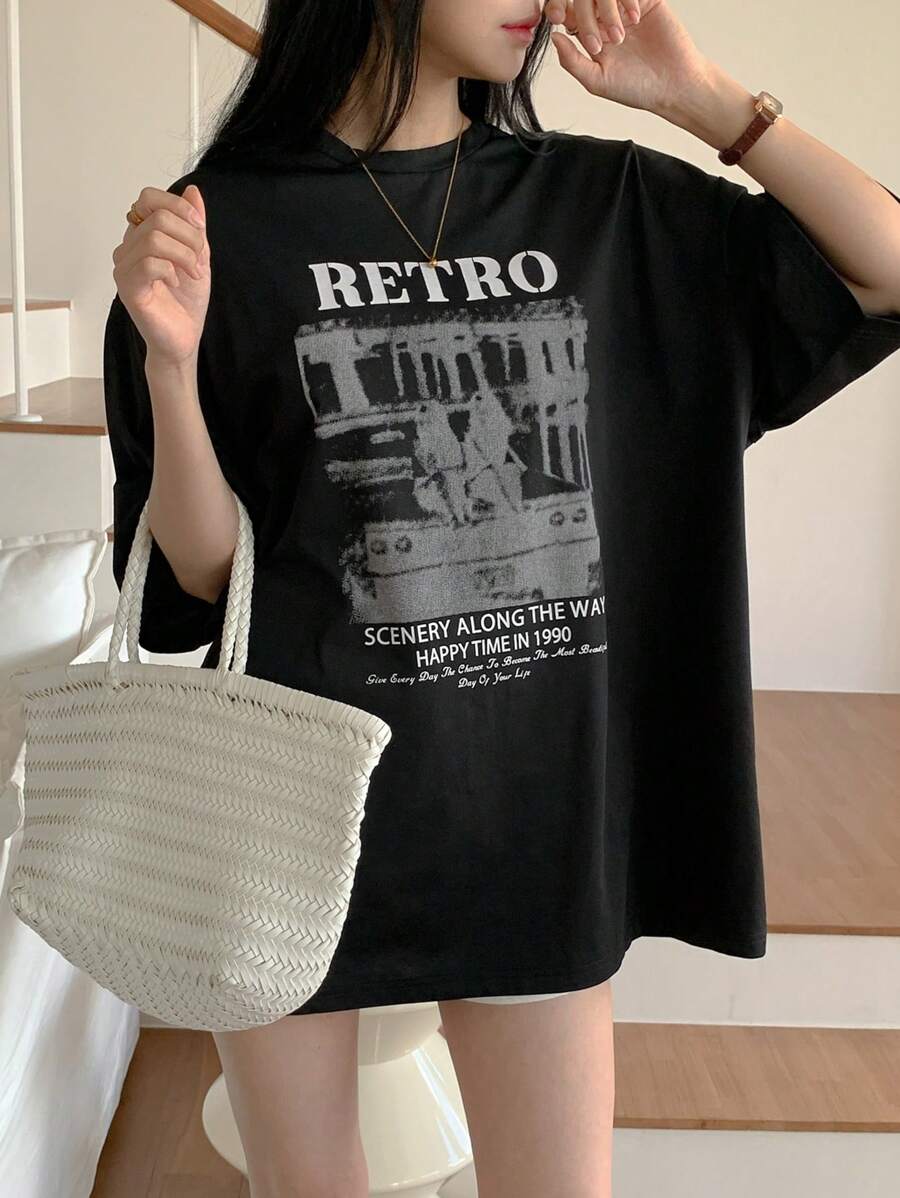 DAZY 女士夏季宽松休闲 T 恤，带标语印花，圆领和落肩袖，复古沿途风景 1990 年快乐时光超大 T 恤，图案 T 恤 - 黑色 - 查看 1