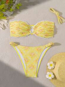 Swim Mod Bộ bikini dây buộc cổ in hoa đi biển mùa hè dành cho nữ - Màu vàng - Xem 4
