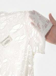 SHEIN EZwear Sommer Damen zerrissenes Kurzarm T-Shirt mit lockerer Passform - Weiss - Übersicht 6