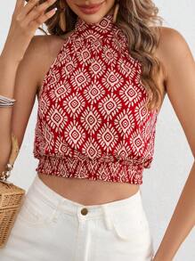 Vivid Eden Mono corto tejido con estampado floral y cuello halter para mujer