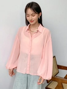 FRIFUL Summer Casual All-Match See-Through Lantern Sleeve Blouse For Daily Wear