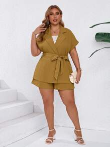 SHEIN Clasi Ensemble de 2 pièces grande taille été texture tissée nœud papillon lâche décontracté kaki