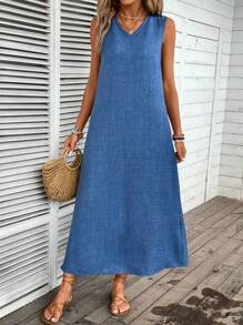 EMERY ROSE Váy maxi không tay cổ chữ V màu trơn mùa hè dành cho nữ - Màu xanh nhạt - Xem 6
