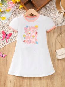 Young Girl's Summer Casual Puff Sleeve Letter Print Dress - White - View 6