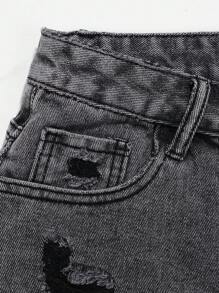 SHEIN EZwear 夏季休閒破洞牛仔短褲 - 黑色 - 查看 4