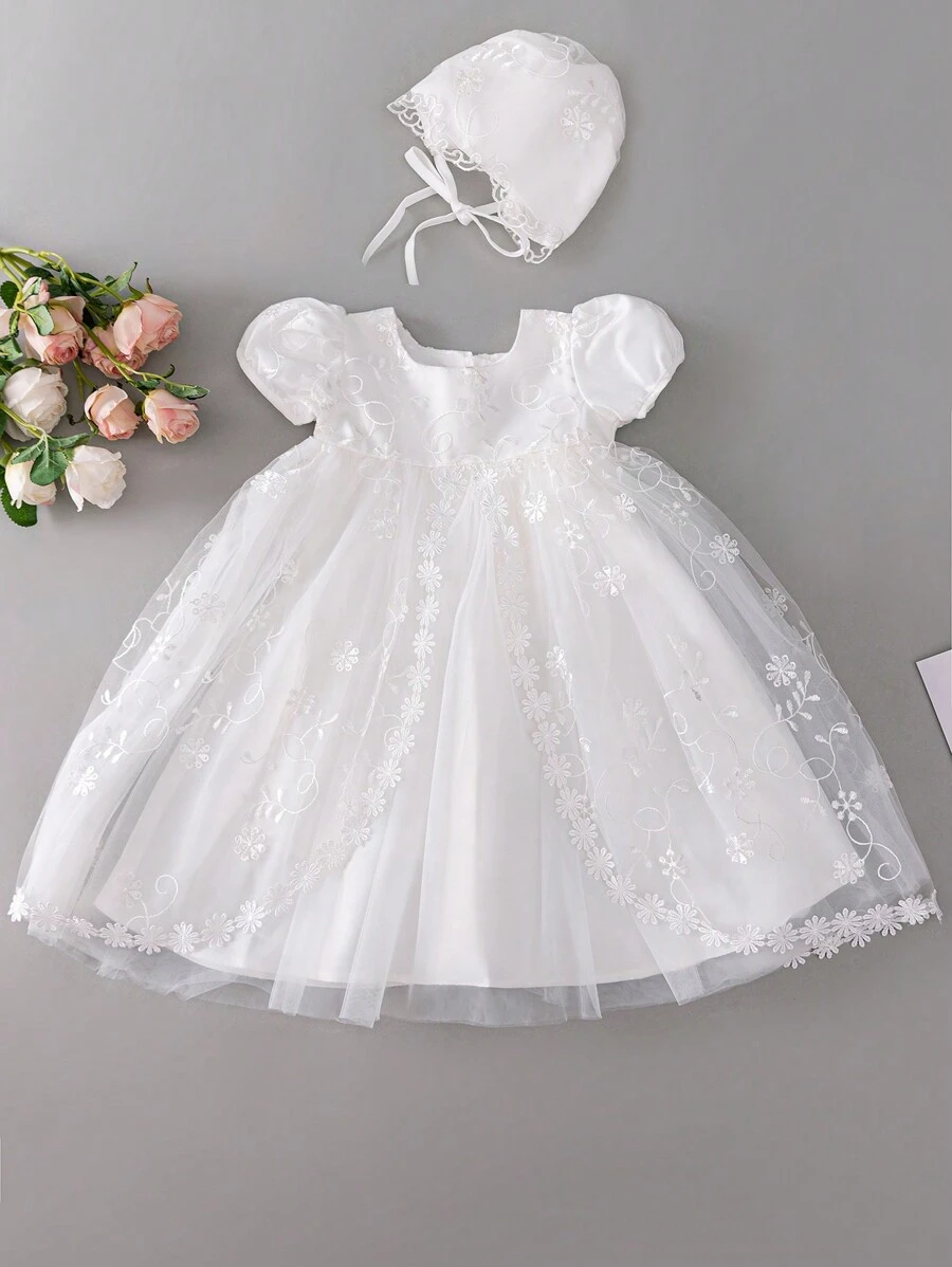 Baby Girl Short Puff Sleeve Long Baptism Dress, White Wedding Party Flower Girl Dress