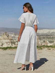 RueChic Textured Fabric Hollow Embroidery Cinched Waist Ruffle Sleeve Holiday Style Dress - White - View 3