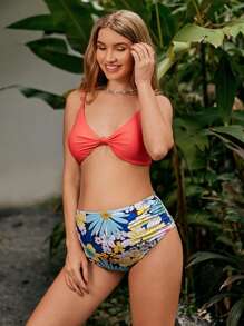 SHEIN 孕妇纯色上衣和印花泳裤套装 夏季