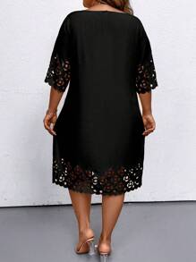 Plus Size Round Neck Hollow Out Solid Color Casual Summer Dress - Black - View 2