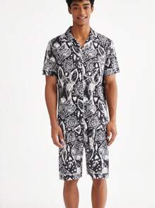 Set di camicia a manica corta e pantaloncini a stampa completa per uomo per abbigliamento casalingo in estate - Multicolore - Visualizzare 5
