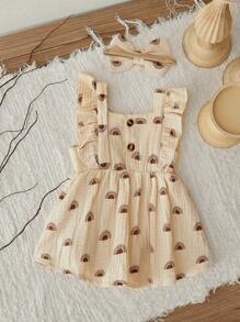 SHEIN Baby Girl Newborn Sun Print Ruffle Trim Dress With Headband - Apricot - View 2