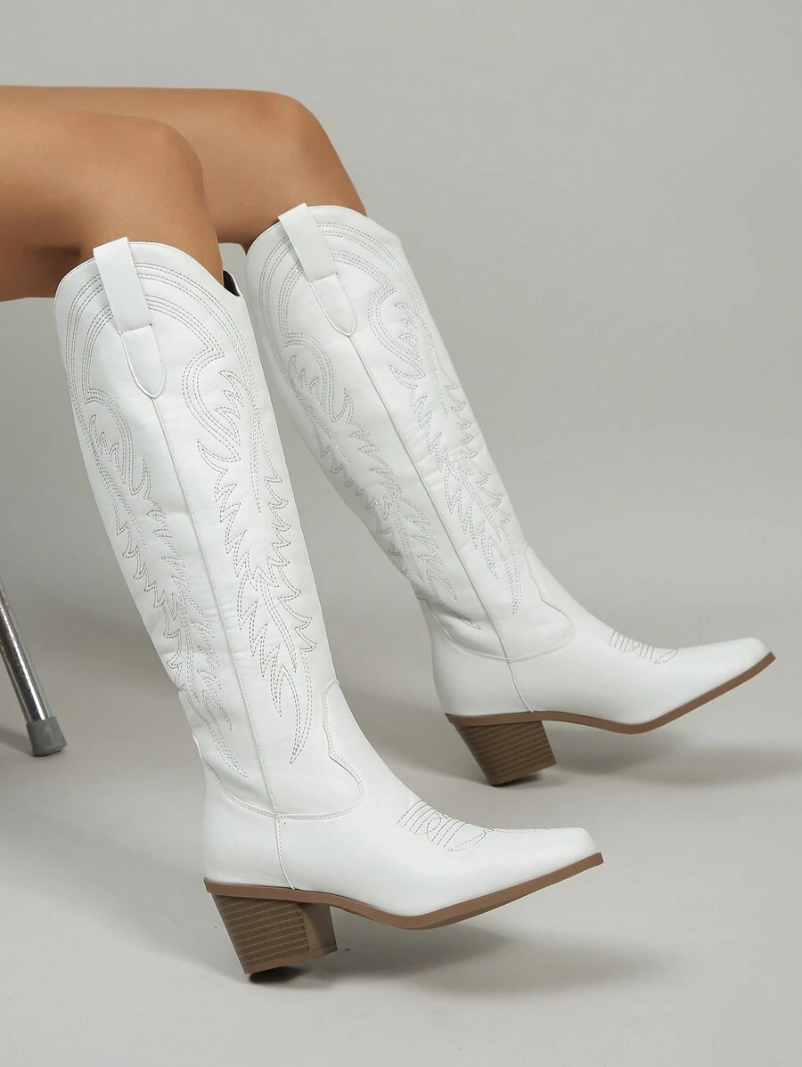2024 Spring Autumn New Plus Size Women Outdoor Western Embroidered Knee-High Boots