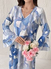 Yasmyna 女式 V 领花卉印花优雅长袖朴素连衣裙，超长朴素连衣裙，适合春夏时尚 - 彩色 - 查看 5