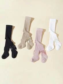 4入組寶寶女孩素色緊身褲，帶蝴蝶結裝飾，春季/秋季 - 彩色 - 查看 3