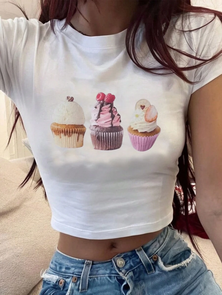 SHEIN EZwear Áo thun nữ ngắn tay mùa hè Bodycon cổ tròn in hình bánh thường ngày - trắng - Xem 1