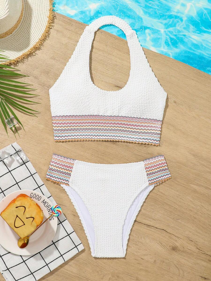 Conjunto de bikini de unicolor de estilo sencillo para niñas preadolescentes, para uso diario en la playa - Blanco - Ver 1