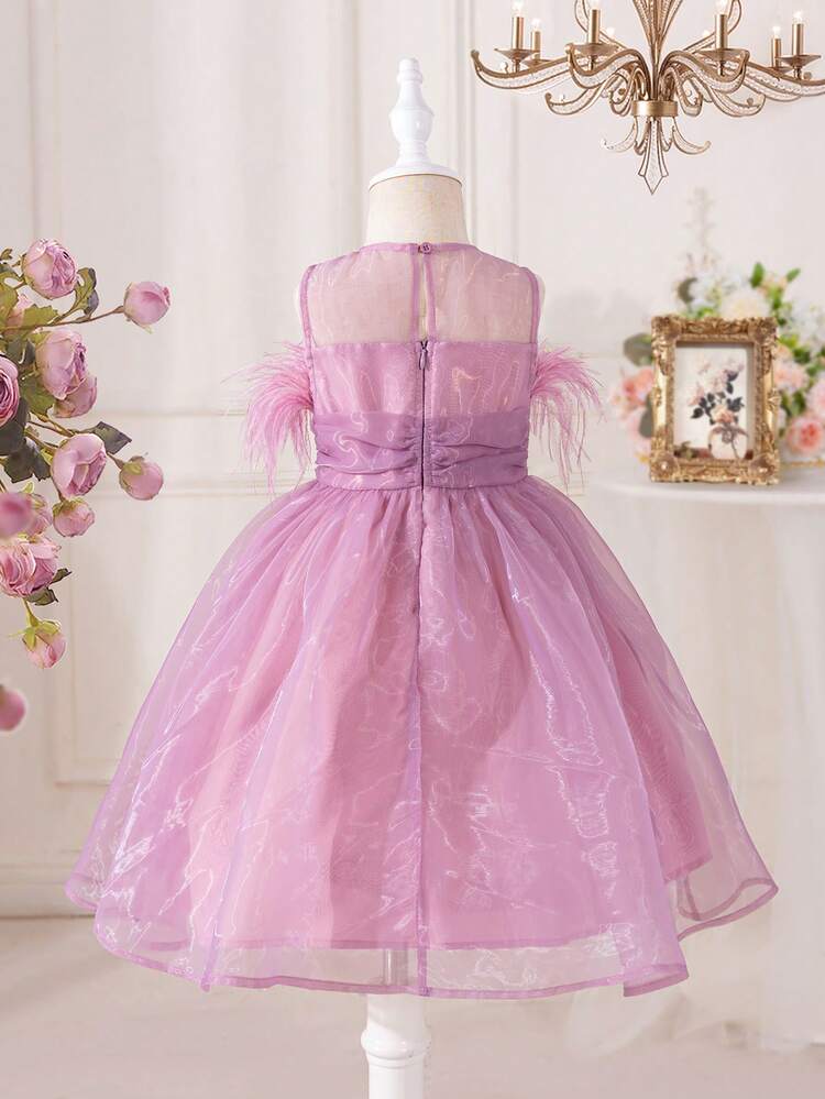 Tween Girls' Cute Illusion Neck Sleeveless Organza Dress