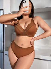 SHEIN 加大號對比花邊網眼文胸＆內褲性感套裝 - 棕色 - 查看 5