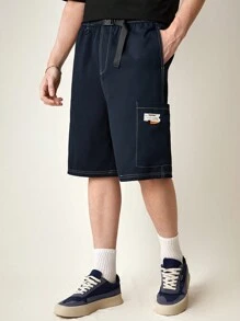 Manfinity VCAY 编织时尚年轻休闲松紧腰短裤，日常穿着。男士工装裤宽松裤男士夏装 - 藏蓝色 - 查看 6