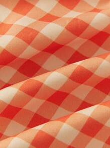 SHEIN 新款夏季風格嬰兒女孩可愛的格子紋坦克上衣，配有蝴蝶結，花卉刺繡花紋和透氣格子紋短褲時尚套裝，2件/套 - 橘色 - 查看 4