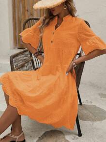 SHEIN LUNE Women's Solid Color Notched V-Neck Ruffle Hem Holiday Dress - Orange - View 6