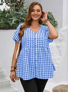 EMERY ROSE Blusa xadrez preta e branca estilo mamãe com decote em V para mulheres de Plus Size, decorada com botões e mangas de morcego, ideal para a primavera - Azul Royal - Visão 3