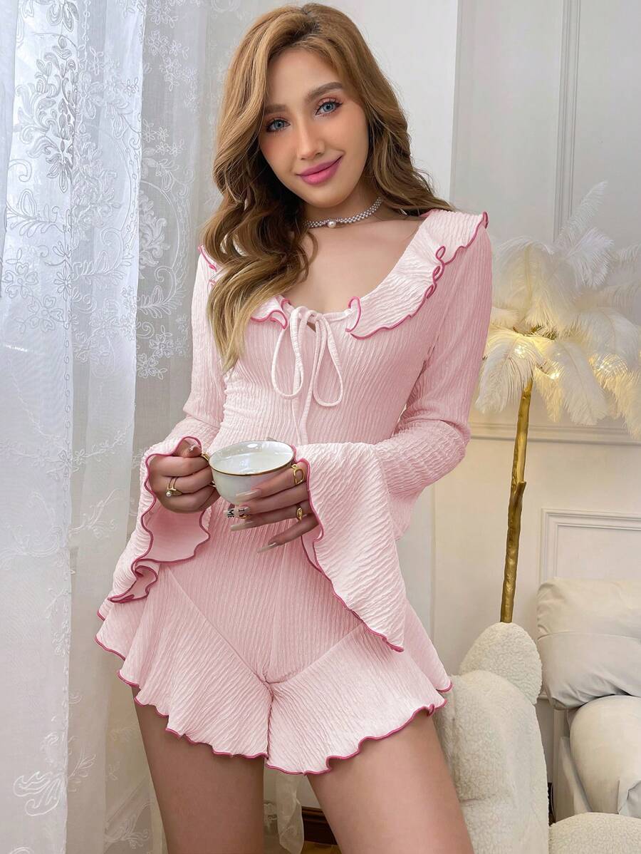 Softscene Women's Color Block Lace Trimmed Tie Ruffle Hem Flared Sleeve Romper Holiday Season, For Fall, Winter - Pink - View 1