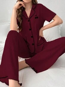 Cherry Embroidery Contrast Trim Short Sleeve Top And Pants Women's Pajama Set Lounge Set
